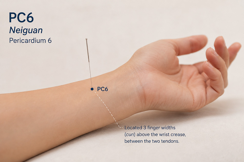 Acupuncture point PC6 for Morning Sickness, Nausea, Vomiting during pregnancy.